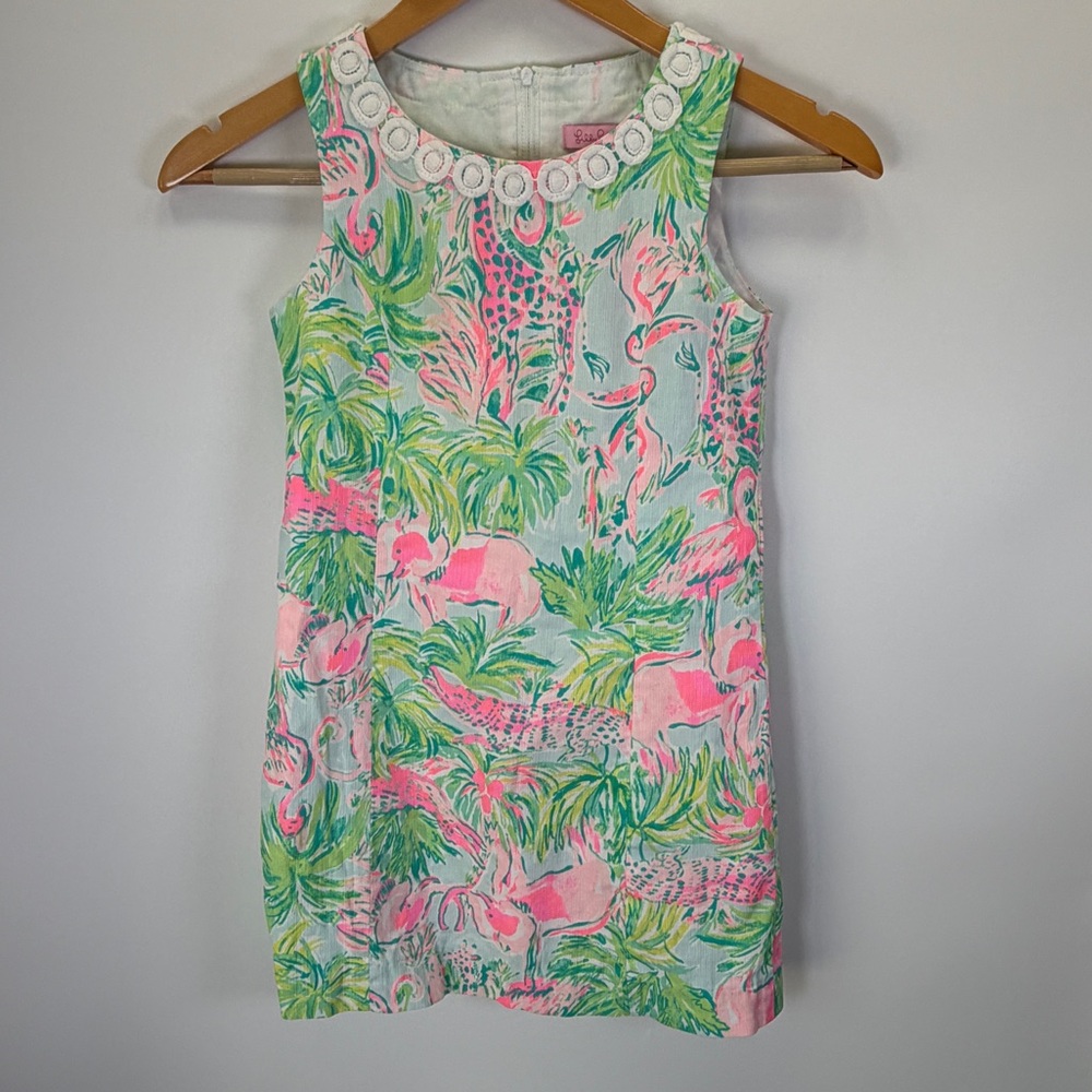 Lilly Pulitzer Mini Mila Shift Dress On Parade Girls 8 Elephant‎ Flamingo Neon